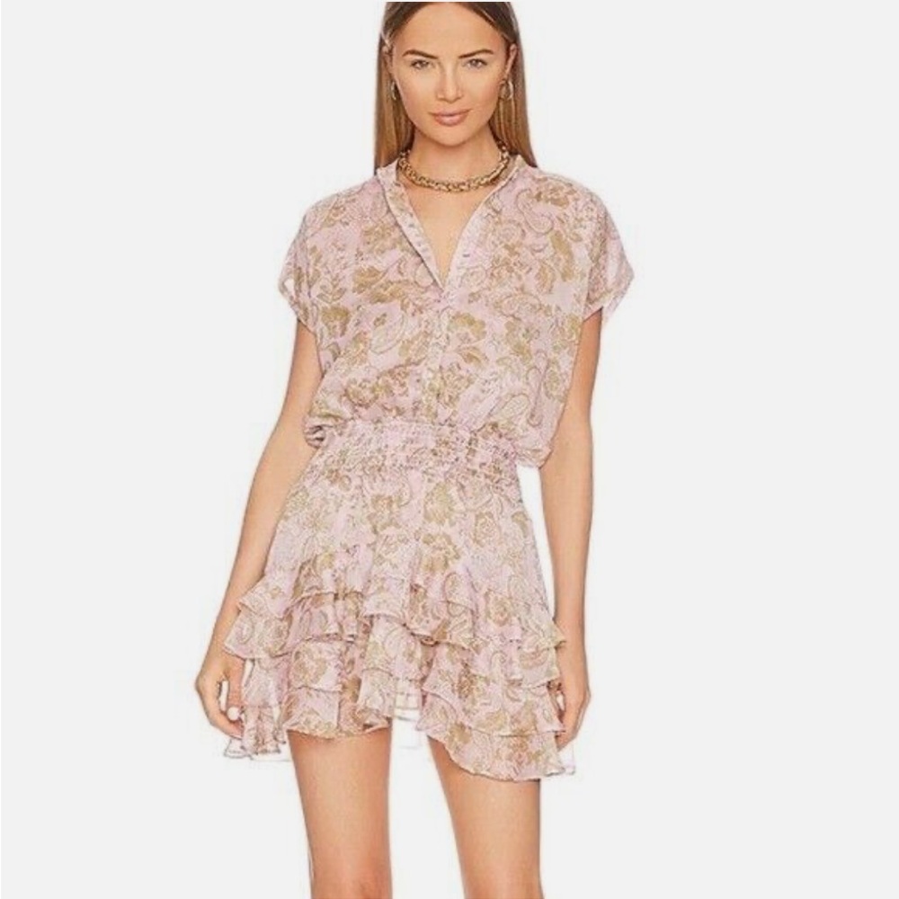 NWT MISA Evie Floral Ruffle Hem Smocked Waist Mini Dress Pink Size M